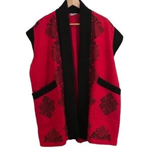 Vintage Venus Imports Red/Black Print Short Sleeve Open Cardigan Sweater Size M